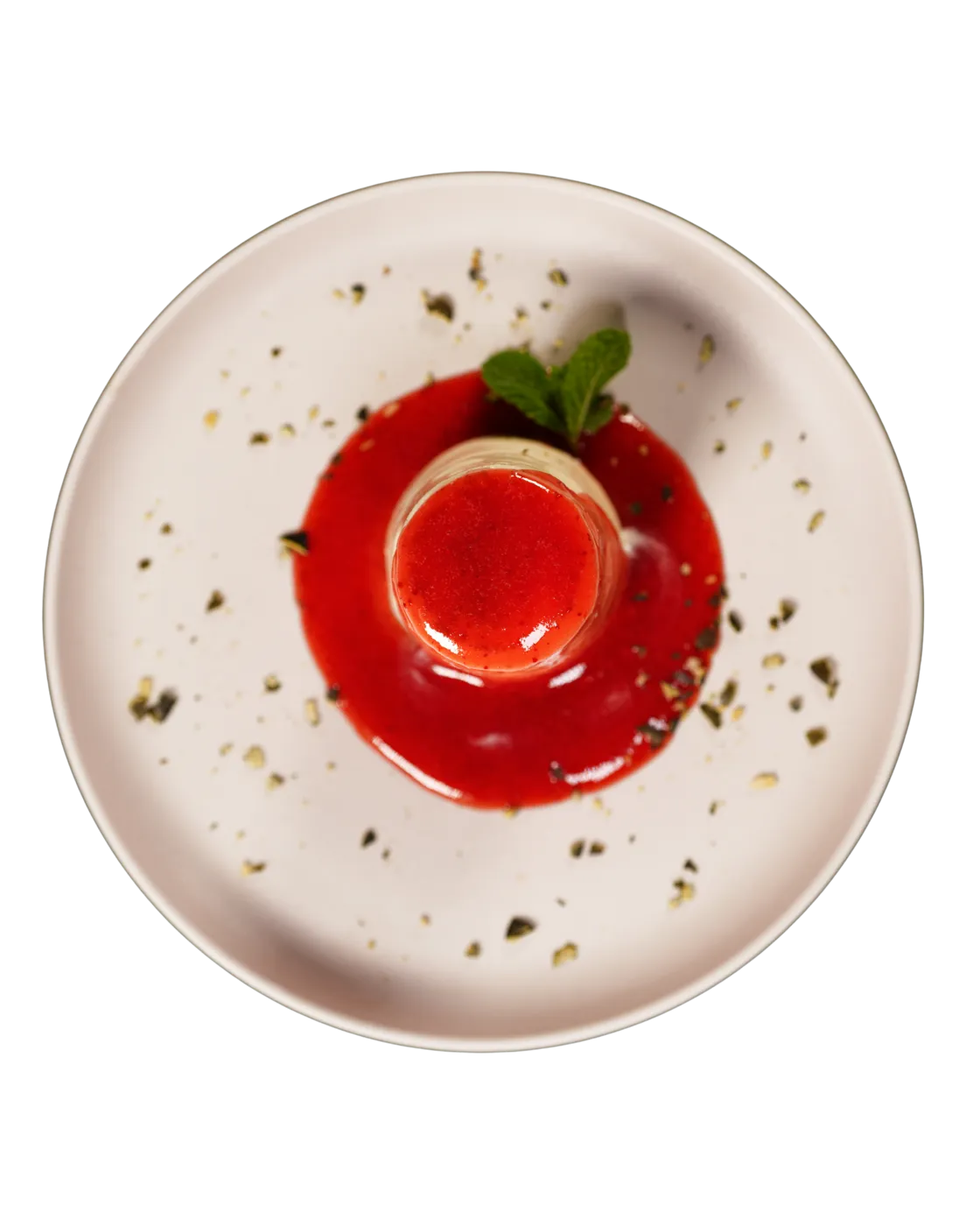 Panna cotta mit Fruchtsauce und Minze, von oben