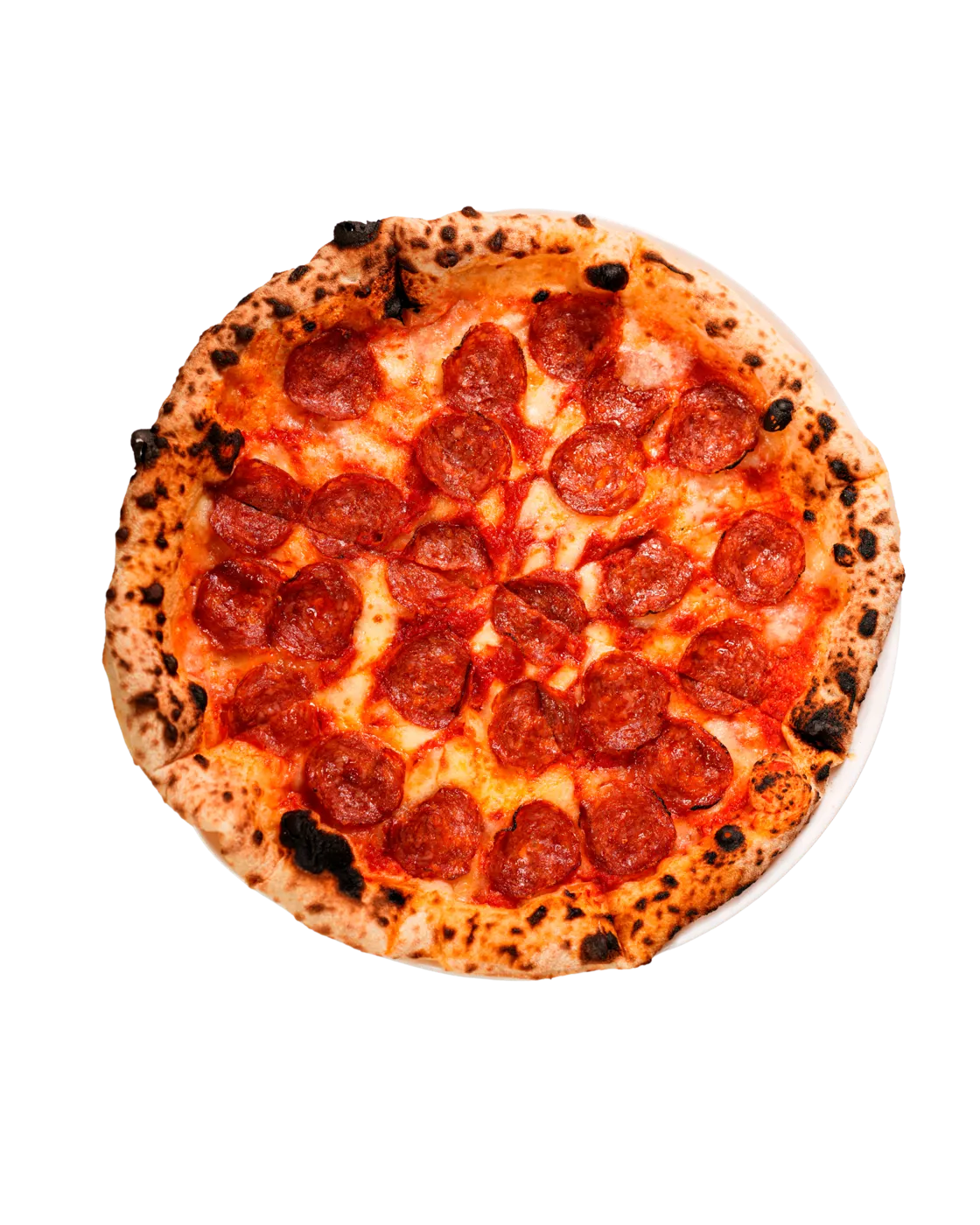 Pizza Salamino mit leopardgeflecktem Cornicione aus dem Holzsteinofen
