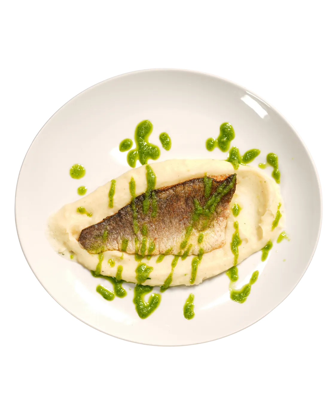 Forellenfilet auf Kartoffelpüree mit grünem Kräuteröl